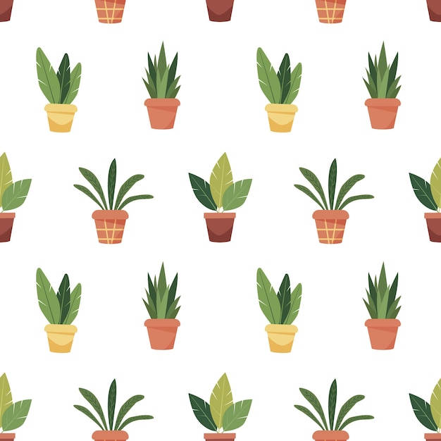 Patrón sin costuras de plantas de interior en maceta, flores de interior dibujadas a mano aisladas sobre un fondo blanco