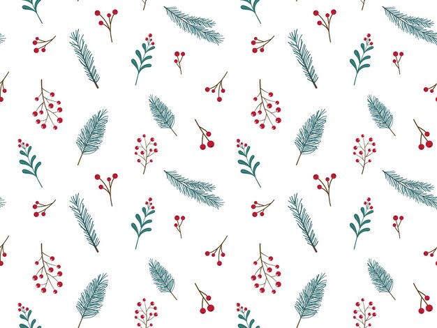 Patrón sin costuras con plantas de Navidad, ramas de abeto de pino y bayas rojas en un blanco