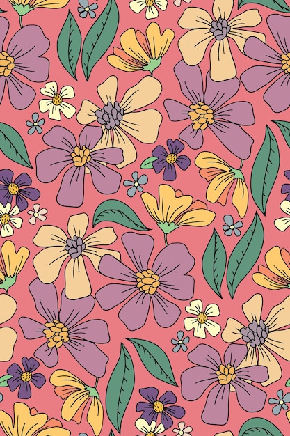 Patrón sin costuras con plantas retro patrón floral con varias flores y hojas en estilo hippie linda superficie de pradera con flores de contorno ilustración vectorial