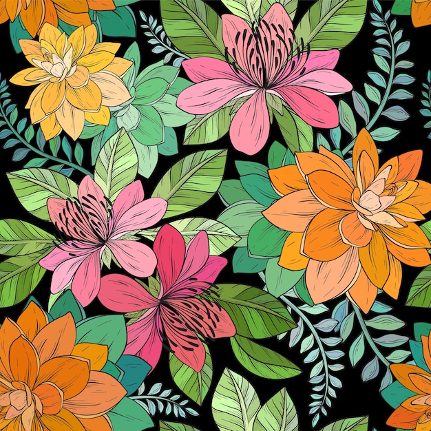 Patrón sin costuras con plantas tropicales, flores y hojas sobre fondo negro
