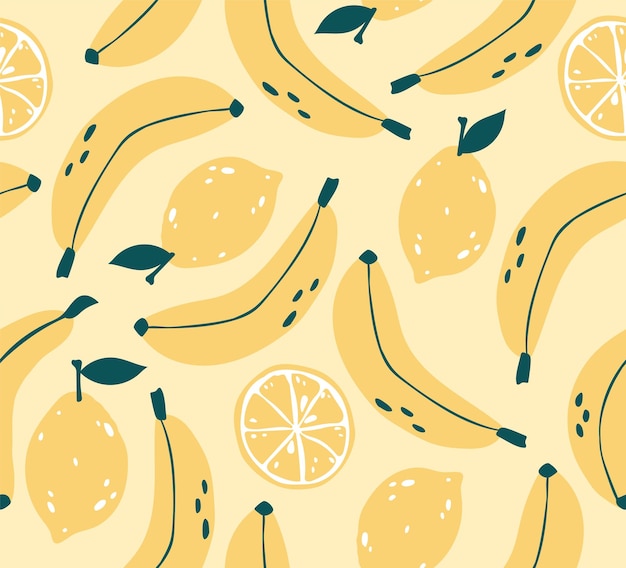 Patrón sin costuras de plátano y limón fondo de vector de cítricos amarillos perfecto para crear fabri