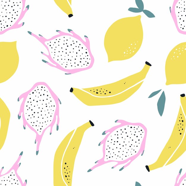 Patrón sin costuras con plátano de limón y fruta de pitahaya en fondo blanco