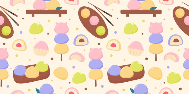 Patrón sin costuras con postres mochi japoneses