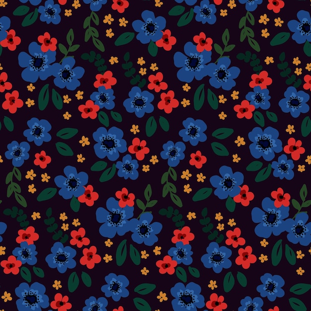 Patrón sin costuras con pradera de flores de colores sobre un fondo oscuro composición de la libertad de varias hojas de flores pequeñas impresión de diseño de fondo floral con hojas de flores pequeñas pintadas vector