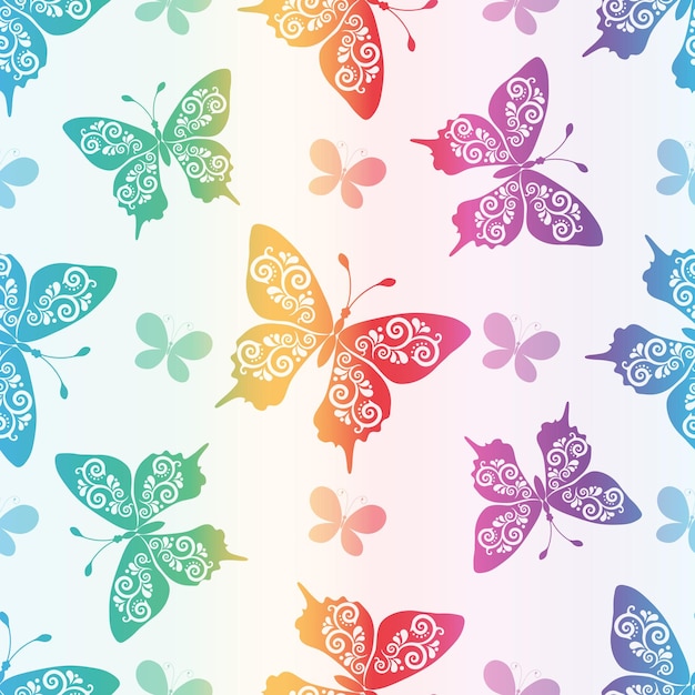 Patrón sin costuras de primavera blanco vectorial con mariposas voladoras de colores