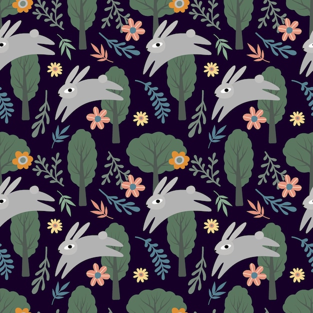 Patrón sin costuras de primavera Conejo de Pascua lindo árboles y flores en un fondo oscuro Ilustración vectorial para tarjetas de felicitación tela embalaje papel de envolver