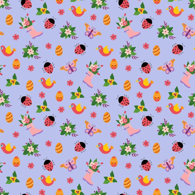 Patrón sin costuras de primavera con flores dibujadas a mano y huevos de Pascua
