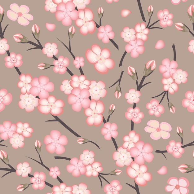 Patrón sin costuras de primavera con flores de rama de sakura en un fondo beige