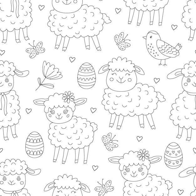 Patrón sin costuras de primavera con huevos de Pascua, flores, corderos y pájaros divertidos en estilo dibujado a mano