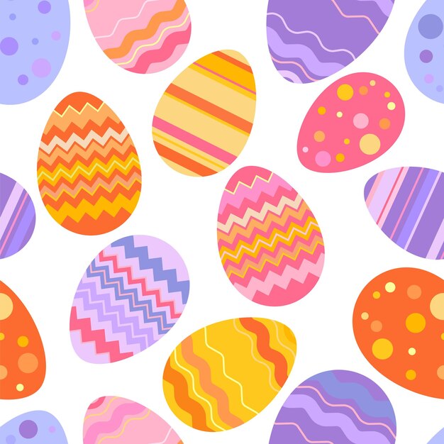 Patrón sin costuras de primavera de Pascua Huevos de Pascua coloridos brillantes sobre un fondo blanco