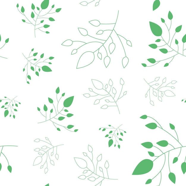 Patrón sin costuras de primavera simple con hojas verdes con trazos y rellenos de fondo herbal
