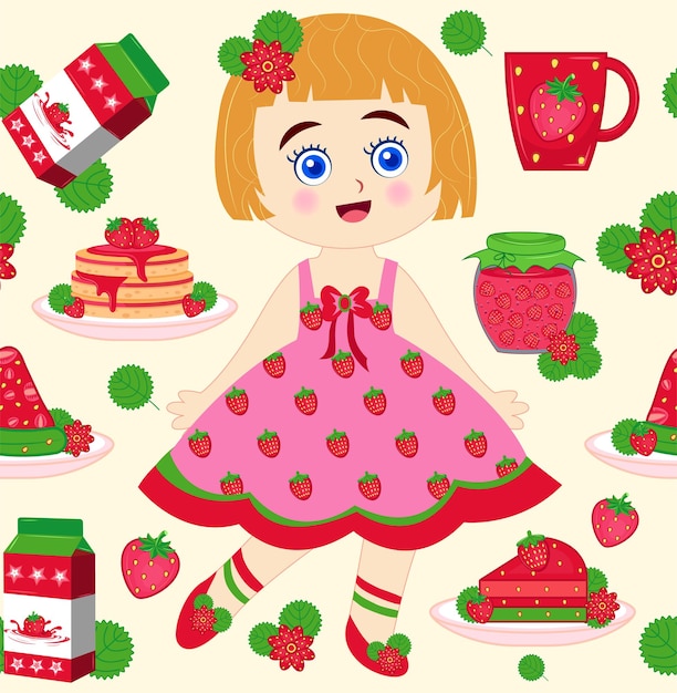 Patrón sin costuras con princesas de fresas pasteles de fresas bebidas y flores
