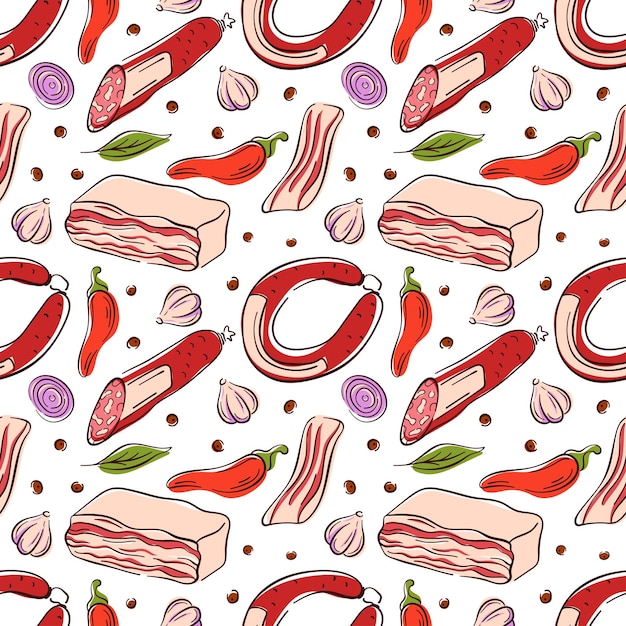 Patrón sin costuras de producto de carne salchicha tocino y salami en estilo plano Ideal para la marca de alimentos diseño de carnicería y menú de restaurante