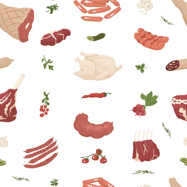 Patrón sin costuras con productos a base de carne y verduras Filete de pollo, carne de cerdo y salchichas frescos Concepto para granjas y mercados de alimentos Ilustración vectorial aislada sobre fondo blanco