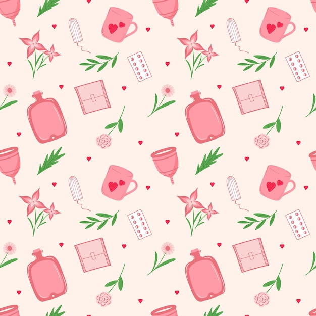 Patrón sin costuras de productos de higiene femenina y elementos florales