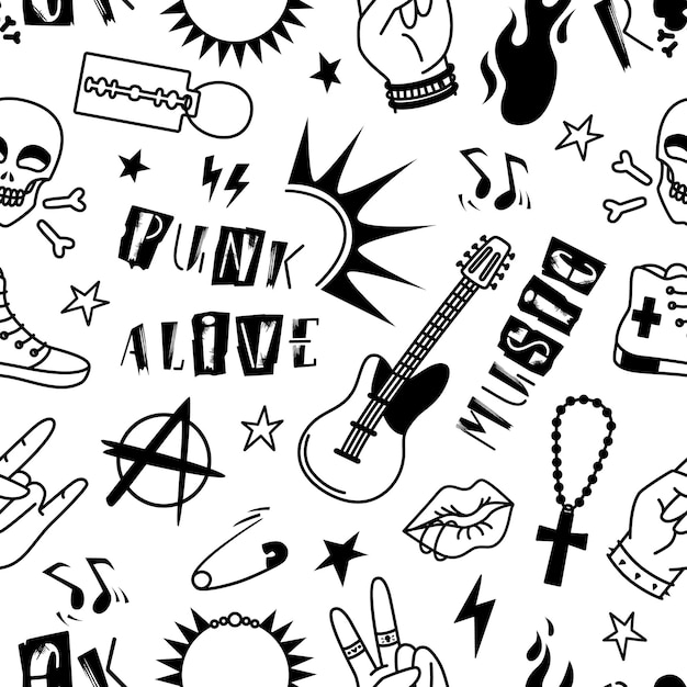 patrón sin costuras de punk rock símbolos de estilo de música metal elementos y frases grunge impresión abstracta negra aislada fondo vectorial neotérico