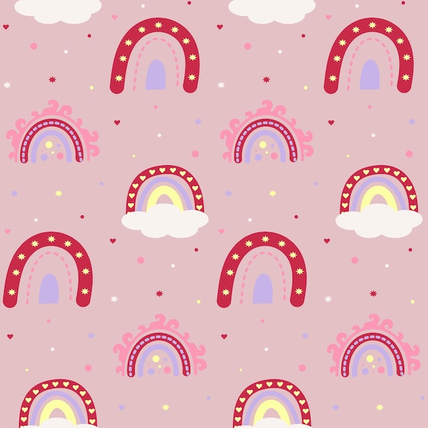 Patrón sin costuras con puntos de estrellas de corazones de arco iris boho Imprimir para textiles de dormitorios de bebés de sala de juegos