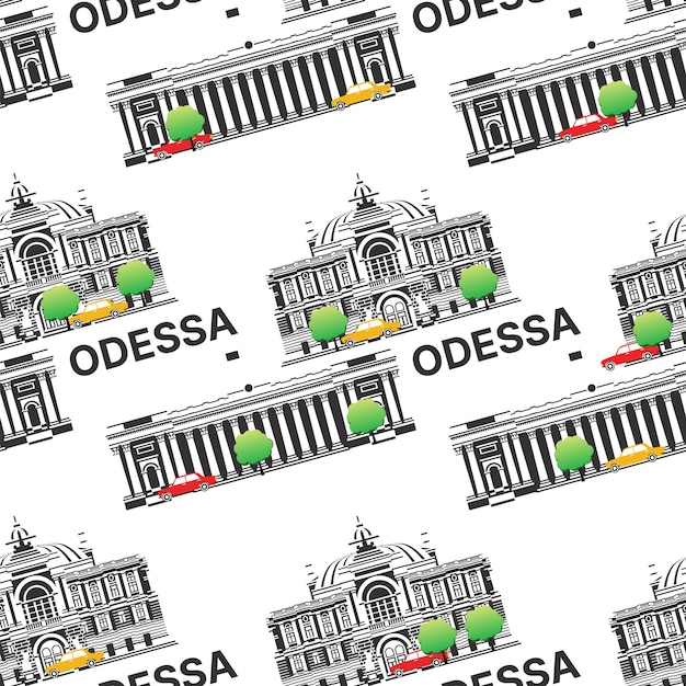 Vector patrón sin costuras con los puntos de referencia de odessa teatro de ópera y ballet de odessa con el ayuntamiento árbol verde con coches