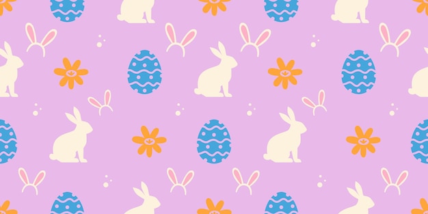 Patrón sin costuras púrpura con huevos de Pascua y conejos de colores