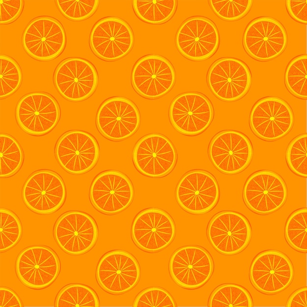 Patrón sin costuras que consiste en rebanadas de naranja dispuestas sobre un fondo naranja brillante