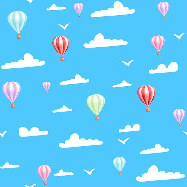 Un patrón sin costuras que presenta un cielo alegre, globos, pájaros y nubes, perfecto para niños