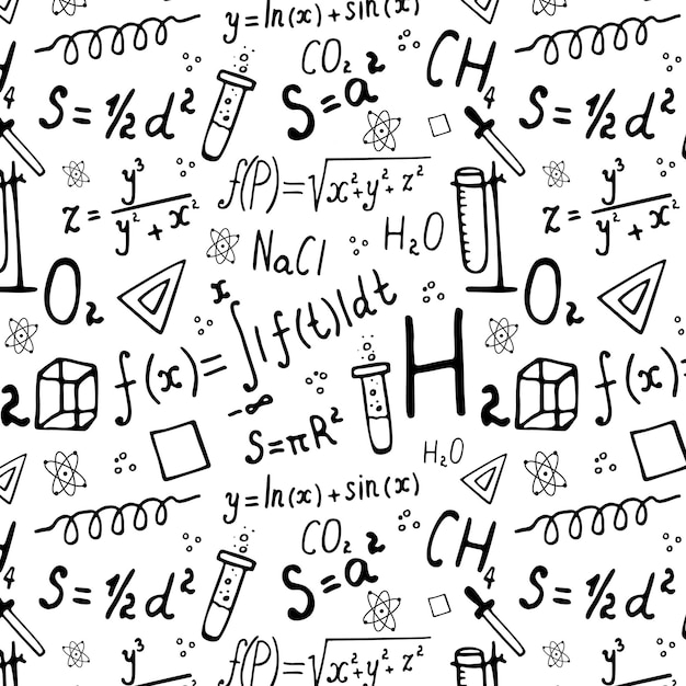 Patrón sin costuras que representa fórmulas matemáticas y químicas