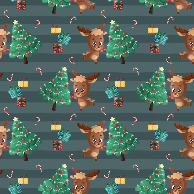 Patrón sin costuras que representa un reno decorando un árbol de Navidad Ilustración vectorial
