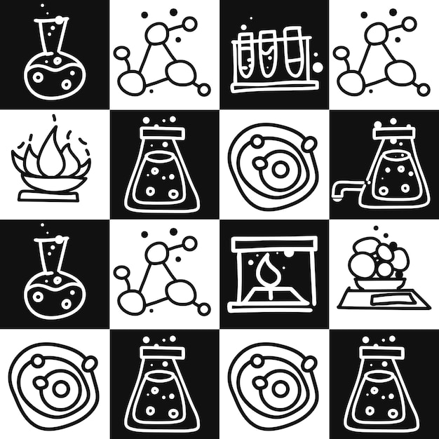 Vector patrón sin costuras de química doodle artículos en blanco y negro estilo ajedrez