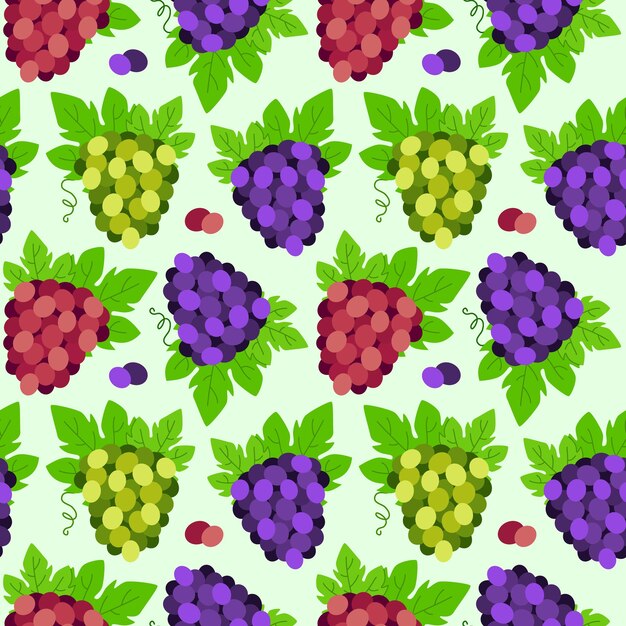 Patrón sin costuras con racimos de uvas púrpuras rojas y verdes Ilustración vectorial con frutas Fondo de verano con bayas de uvas y hojas verdes