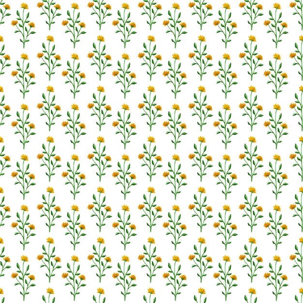 Patrón sin costuras de ramas florales amarillas con hojas verdes sobre un fondo blanco