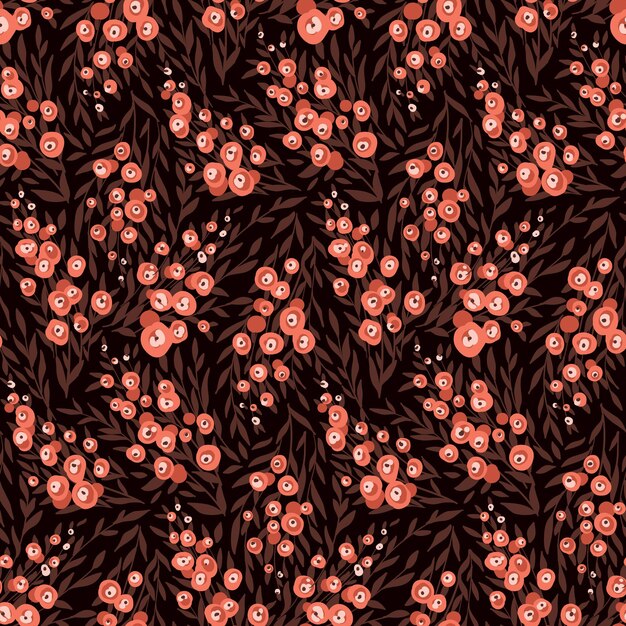 Patrón sin costuras con ramas florales Estampado floral simple con pequeñas flores rosas en ramas hojas sobre un fondo oscuro Fondo floral romántico con pequeñas plantas pintadas Diseño vectorial