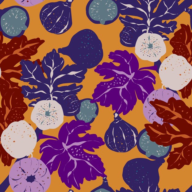 Patrón sin costuras con ramas de higos, hojas y frutas estilizadas, ornamento botánico elegante con detalles artísticos, perfecto para textiles, embalajes, papel tapiz y proyectos de diseño.