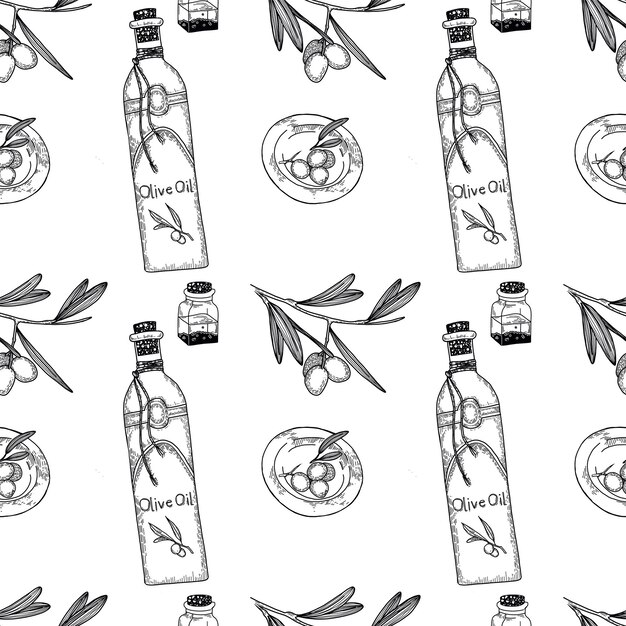 Patrón sin costuras con ramas de olivo un plato de aceitunas dibujado en vector sobre un fondo blanco