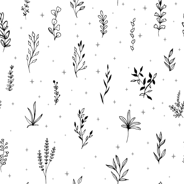 Patrón sin costuras con ramitas de boceto Elementos florales vectoriales dibujados a mano