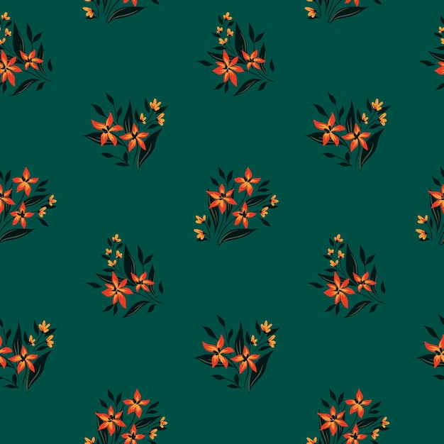 Patrón sin costuras con ramos florales Un estampado floral antiguo con una composición simple Pequeños ramos de flores hojas sobre un fondo oscuro Ilustración vectorial con plantas dibujadas a mano