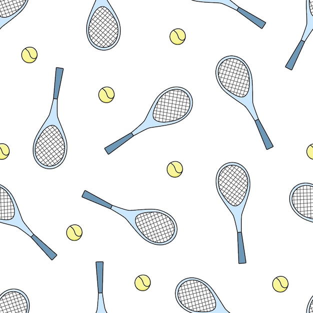 Patrón sin costuras de raquetas de tenis y pelota Ilustración vectorial de fondo de equipo deportivo concepto de estilo de vida saludable y activo