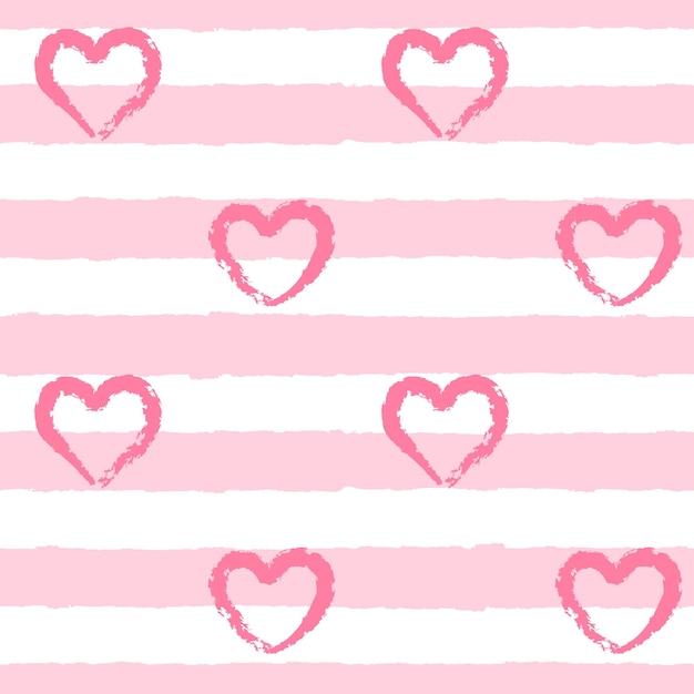 Patrón sin costuras con rayas rosas anchas texturizadas y corazones  dibujados a mano texturizados un patrón