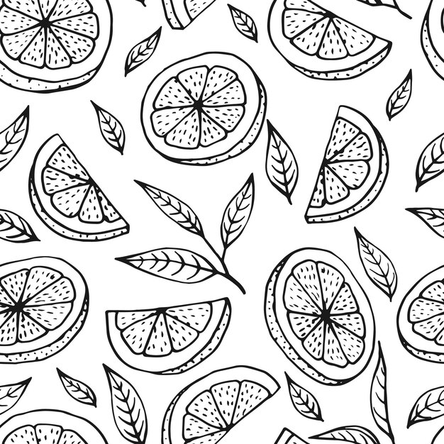 Patrón sin costuras con rebanadas de limón hojas de té Ilustración vectorial dibujada a mano