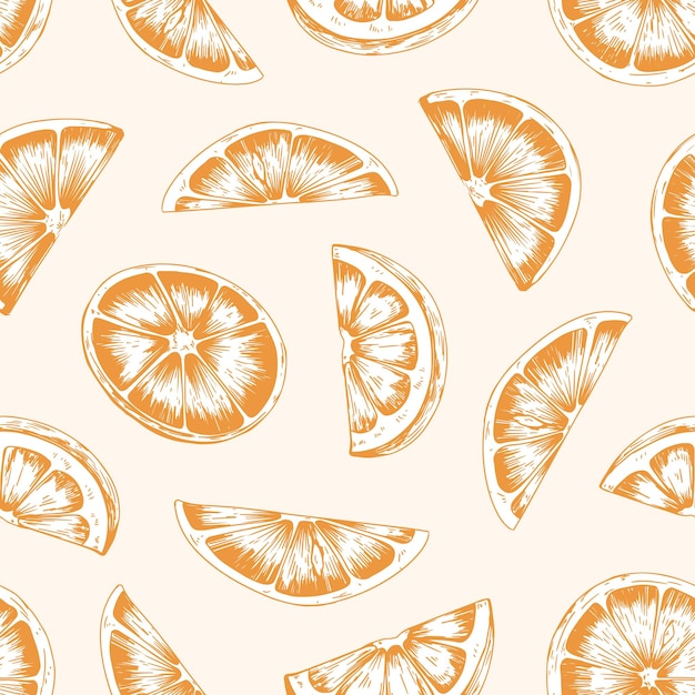 Patrón sin costuras con rebanadas y secciones de naranja. Diseño frutal repetible sin fin para la impresión. Ilustración vectorial detallada dibujada a mano del fondo con segmentos de frutas dispersos.