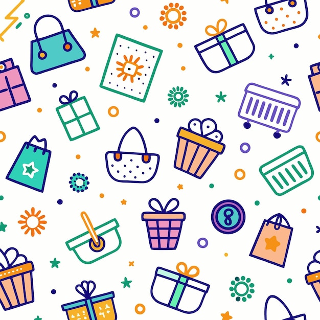 Patrón sin costuras de regalos bolsas de compras y otros objetos felices sobre un fondo blanco
