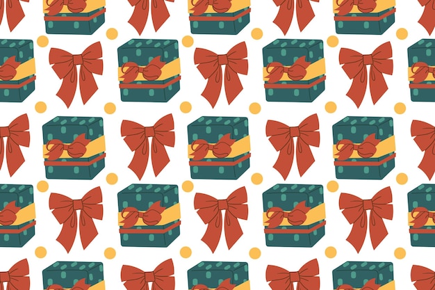 El patrón sin costuras de los regalos de Navidad la caja de regalos luminosa festiva se puede repetir y escalar en cualquier tamaño Ilustración al estilo de dibujos animados de Doodle para diseño de tela o papel