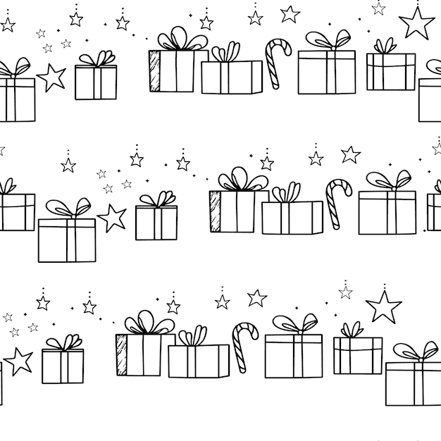 Patrón sin costuras de regalos de Navidad Estrellas y bastones de caramelo Regalos de vacaciones dibujados a mano y patrón de estrellas en blanco y negro