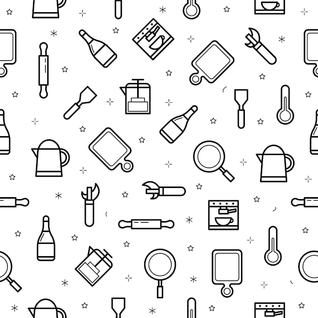 Patrón sin costuras Resumen Doodle Colección Cocina Tenedor Cuchillo Vidrio Sartén Termómetro