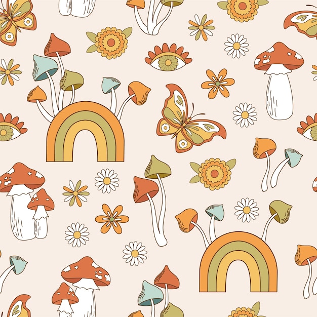 Patrón sin costuras retro 1970 elementos de ranura psicodélicos fondo con mariposa arco iris y champiñones en estilo vintage ilustración con símbolos positivos para textiles de tela de papel tapiz vector