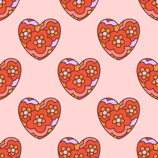 Patrón sin costuras retro de corazón groovy con flores de margarita Símbolo de amor Diseño hippie de los años 60 y 70