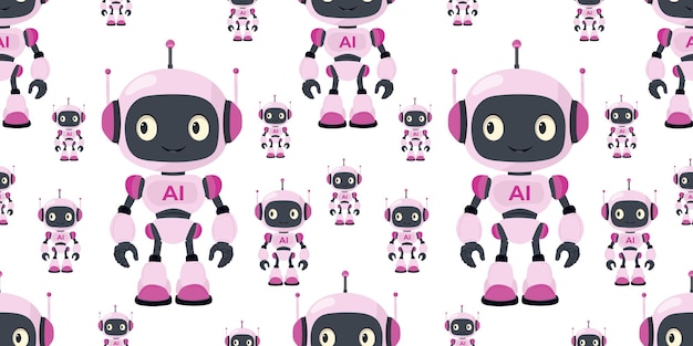 El patrón sin costuras del robot de IA rosado futurista en un fondo aislado blanco