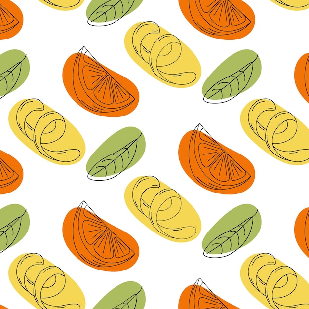 Patrón sin costuras de rodaja de naranja de ralladura de limón y hoja verde con manchas abstractas de colores en tonos de moda Ilustración vectorial EPS Textura de fondo Aislar Bueno para envolver papel tapiz o póster