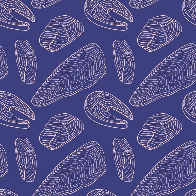 El patrón sin costuras de la rodaja de salmón en el estilo de arte de línea diseño de alimentos para el menú del restaurante de mariscos vector