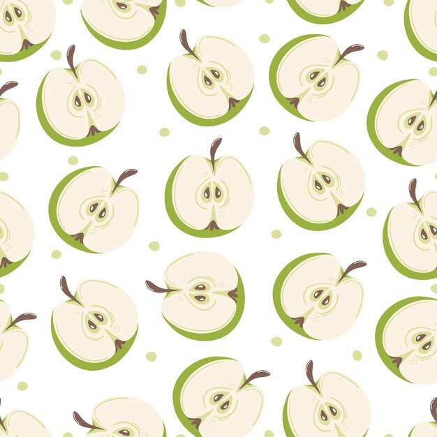 Patrón sin costuras con rodajas de manzana verde dibujadas a mano sobre un fondo blanco