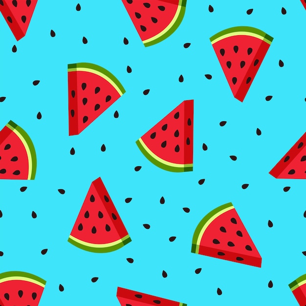 Patrón sin costuras de rodajas de sandía y semillas sobre un fondo azul brillante Fondo vectorial